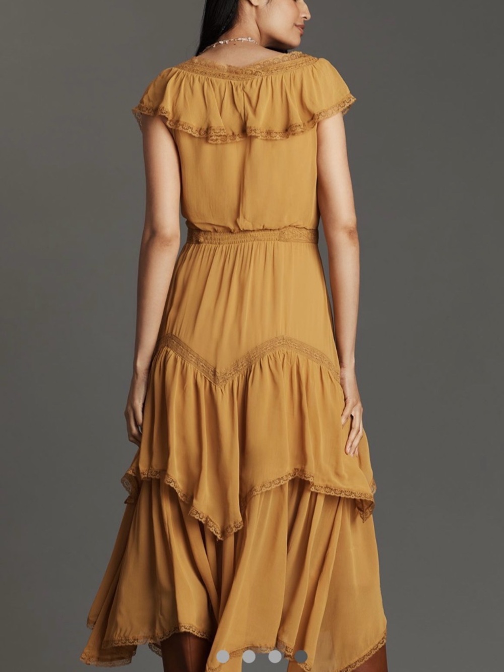 Anthropologie Mustard Tiered Maxi Dress with Ruffle V-Neck short sleeve dress - Picture 4 of 5